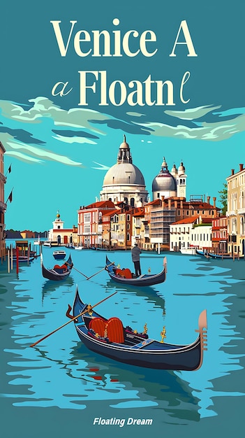 Cartaz de Veneza, texto e slogan, um sonho flutuante com uma paisagem de design de layout de ilustração