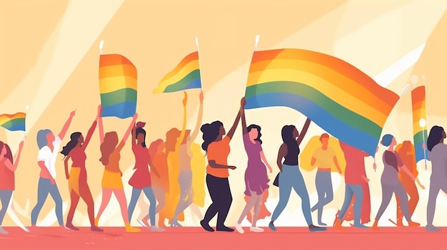 Cartaz do dia contra a homofobia Desfile do mês do orgulho Grupo de mulheres segurando bandeiras de arco-íris