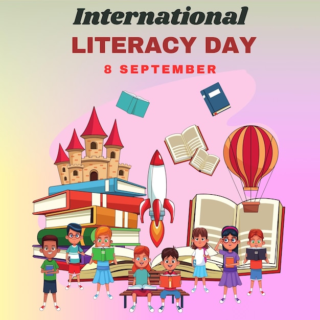 cartaz do Dia Internacional da Alfabetização concebido para promover a importância da leitura e da escrita