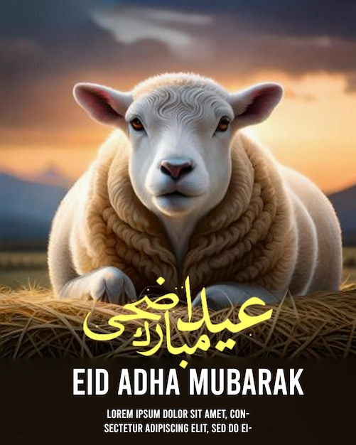 cartaz do Eid al Adha com ovelhas e caligrafia árabe no fundo