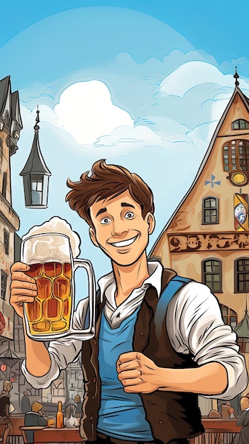Cartaz do festival de cerveja com homens tomando um copo de cerveja e parecendo muito alegres Imagem gerada por IA