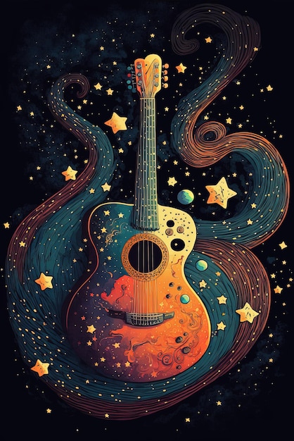 Cartaz do festival de música country com violão e estrelas AI