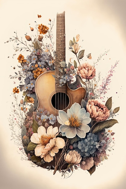 Cartaz do festival de música country com violão e flores AI