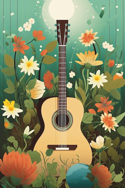 Cartaz do festival de música country com violão e flores Generative AI
