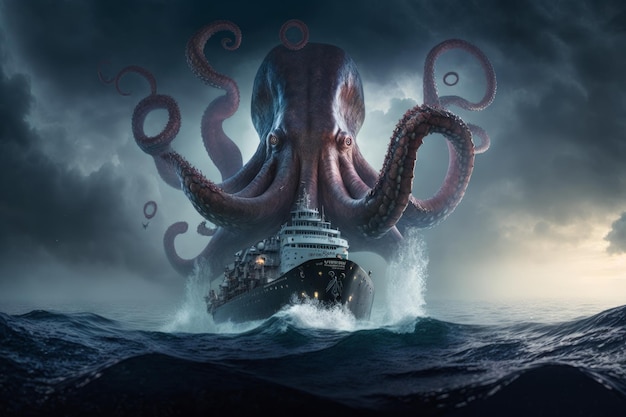 Foto cartaz do filme kraken com um navio ao fundo