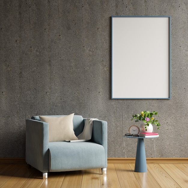 cartaz em branco no design de interiores de sala de estar moderna com renderização de concreto wall.3d vazio