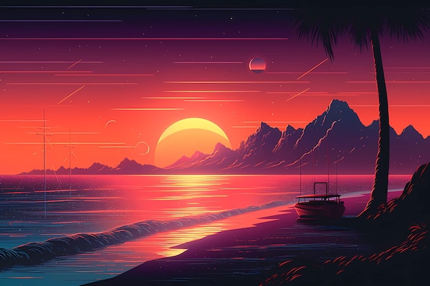 Cartaz estilo retrowave ou synthwave papel de parede fundo grade noturna cartaz generativo ai