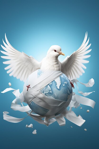 cartaz evocativo com o globo envolto em bandagens com as bandagens se transformando em pombas