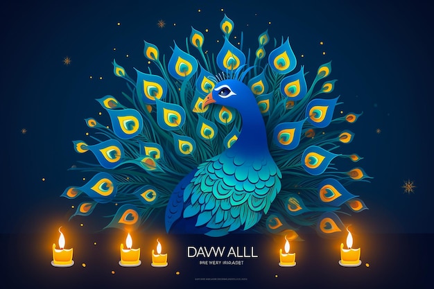 Cartaz feliz de Diwali com lâmpada Diya e pavão