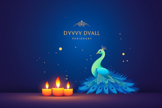 Cartaz feliz de Diwali com lâmpada Diya e pavão