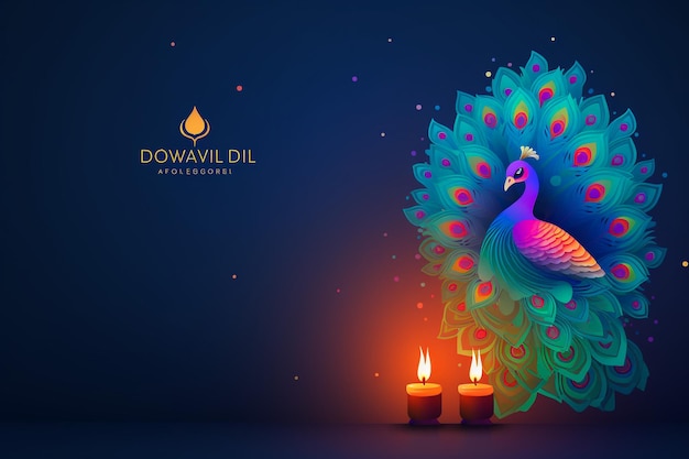 Cartaz feliz de Diwali com lâmpada Diya e pavão