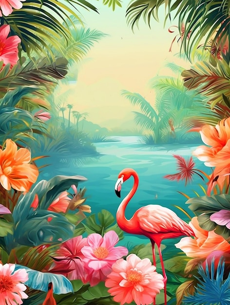 Cartaz Hello Summer Beach com árvores tropicais e flamingo