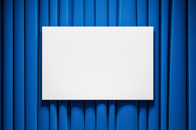 Cartaz horizontal em branco pendurado em cortinas azuis no quarto vazio. Conceito de marketing e publicidade. simulação de renderização 3D