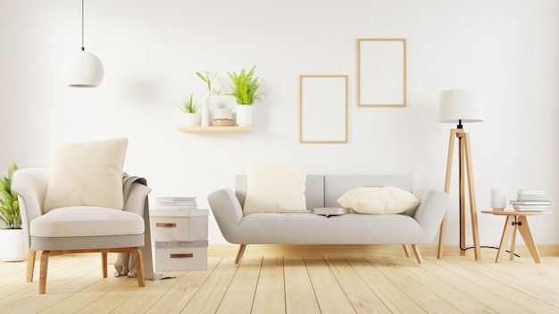 Cartaz interior mock-se sala de estar com sofá branco colorido. Renderização em 3D.