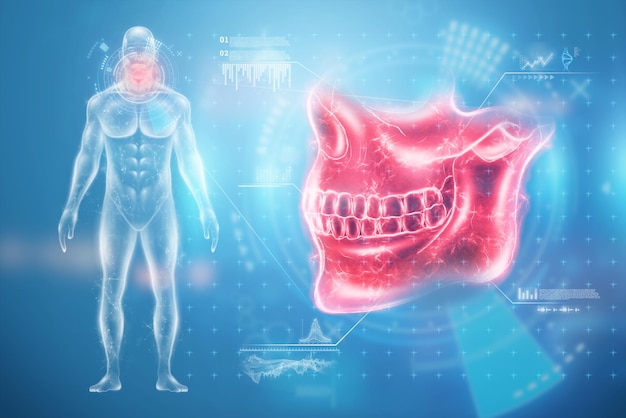 Cartaz médico, anatomia do crânio humano, raio-x da mandíbula, instantâneo dos dentes. Copie o espaço, ilustração 3D, renderização 3D.