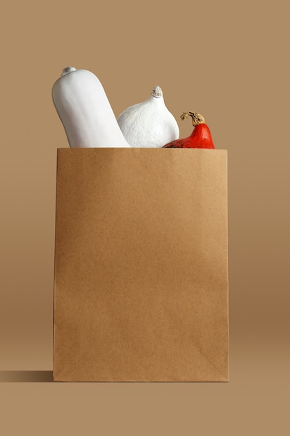 Cartaz mostrando um saco de papel com abóboras brancas e laranja dentro em um fundo bege