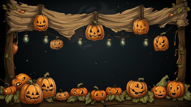 Cartaz ou banner de promoção de venda de Halloween com abóboras e moldura de madeira rústica Design para festa