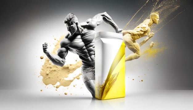 Cartaz publicitário de nutrição esportiva. Embalagem de proteína e físico atlético masculino
