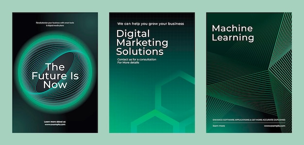 cartazes de marketing digital Design futurista com verde e preto Texto destaca aprendizado de máquina de marketing digital e crescimento futuro Set de modelos de cartazes verdes de tecnologia ambiental
