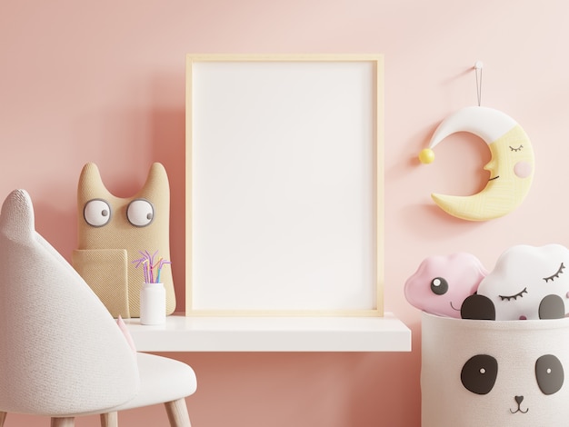 Cartazes simulados no quarto de uma criança, em um fundo de parede rosa vazio. Renderização 3D