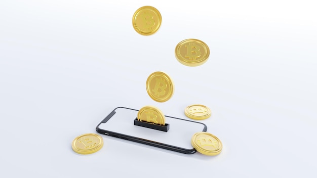 Carteira Bitcoin em um conceito de mineração de smartphone Ilustração em perspectiva sobre moedas criptográficas