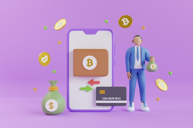 Carteira de bitcoin 3d com moedas e dinheiro isolado no fundo roxo. negocie bitcoin no celular através