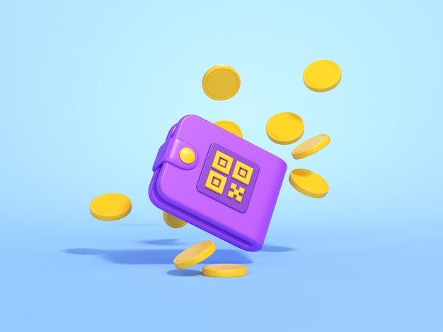 Foto carteira de conceito de economia de dinheiro e reembolso em 3d com código qr e dinheiro de moedas flutuando em renderização em 3d