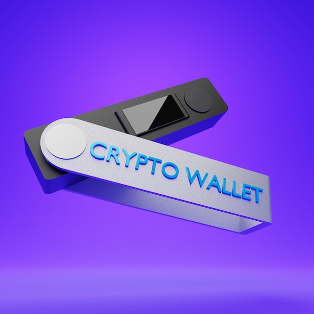 Carteira de hardware criptográfico com moedas na ilustração de renderização 3d de fundo roxo