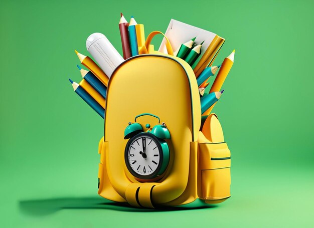 carteira escolar com acessório escolar e mochila de cor diferente em fundo azul e amarelo