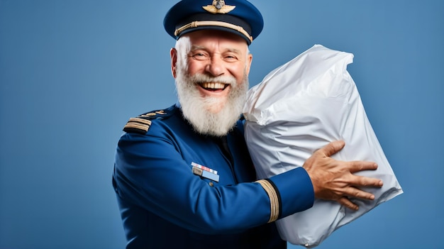 Carteiro masculino de uniforme segurando saco de correspondência com fundo azul