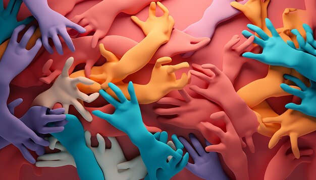 Foto un cartel en 3d que muestra figuras humanas abstractas de diversos tonos que se unen de manos para simbolizar la unidad y