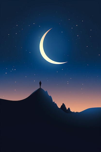 un cartel 3D que muestra una versión estilizada elegante de una luna creciente acunando una sola estrella