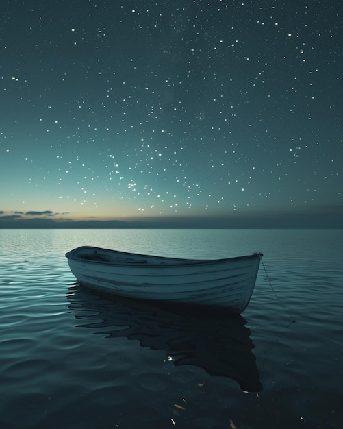 un cartel 3D que representa un barco solitario bajo un cielo estrellado