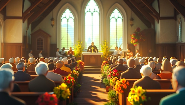 un cartel 3D de un servicio de la iglesia de la mañana de Pascua