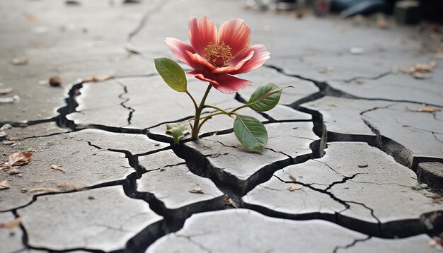 un cartel 3D con una sola flor realista creciendo a través de grietas en el pavimento