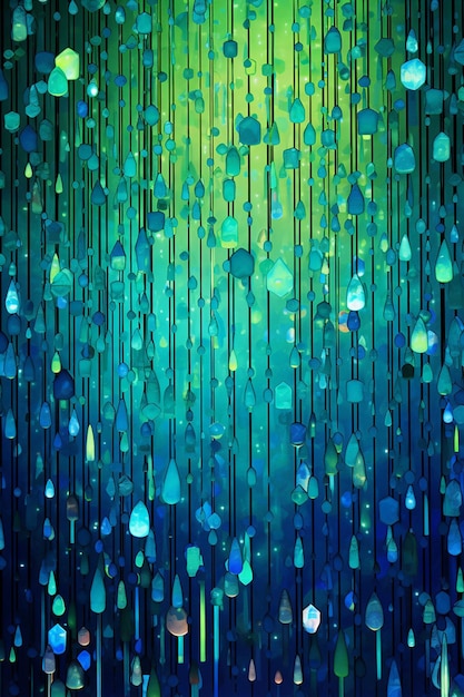 un cartel abstracto en 3D con gotas de lluvia geométricas en diferentes tonos de azul y verde