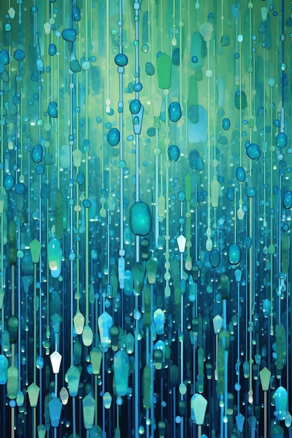 un cartel abstracto en 3D con gotas de lluvia geométricas en diferentes tonos de azul y verde