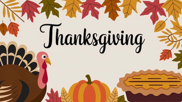 un cartel de Acción de Gracias con un pavo y una tarta de calabaza en él