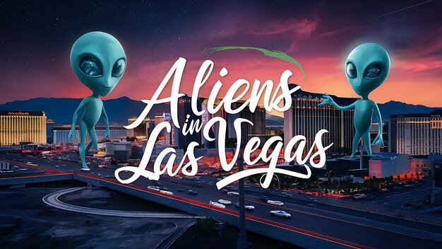 Un cartel para alienígenas en Las Vegas con un cielo al atardecer y una ciudad en el fondo