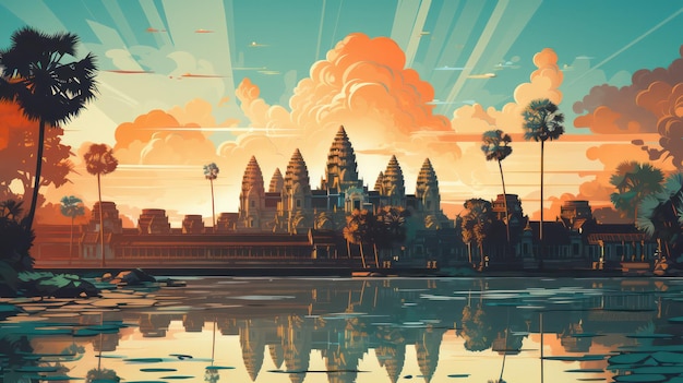 Cartel de Angkor Wat por la noche con vista al cielo azul