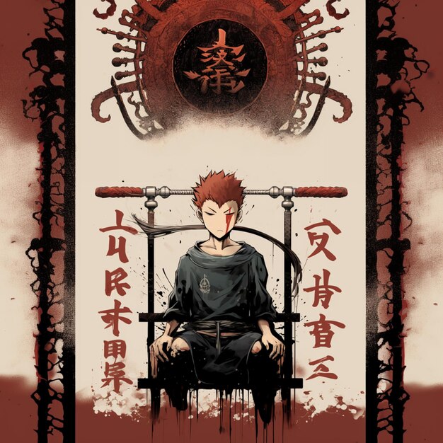 Foto cartel de anime de un hombre sentado en una silla con una espada generativa ai