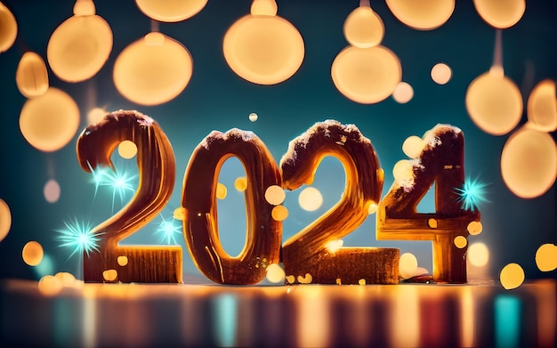 Cartel de Año Nuevo de 2024 Con fondo de Navidad con texto de madera