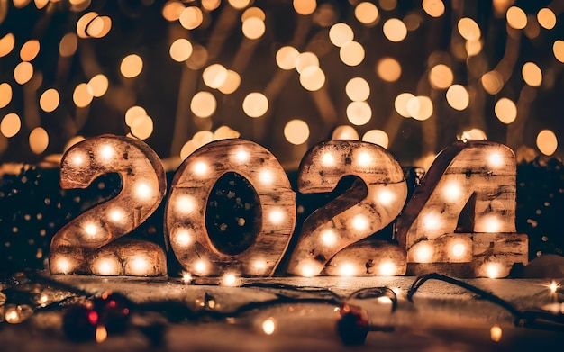 Foto cartel de año nuevo de 2024 con fondo de navidad con texto de madera