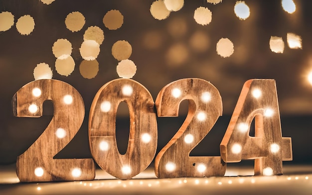 Foto cartel de año nuevo de 2024 con fondo de navidad con texto de madera