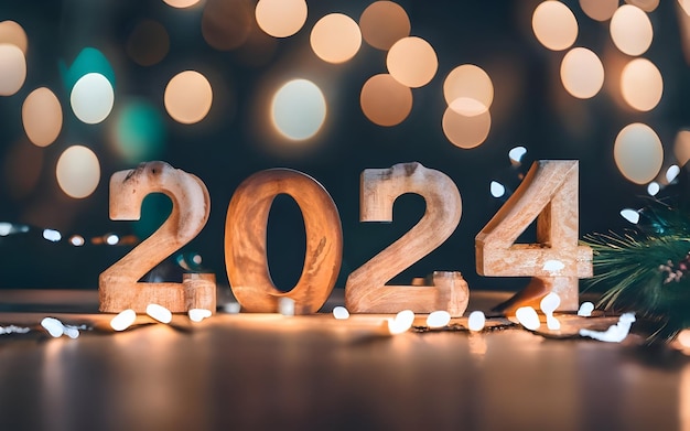 Foto cartel de año nuevo de 2024 con fondo de navidad con texto de madera