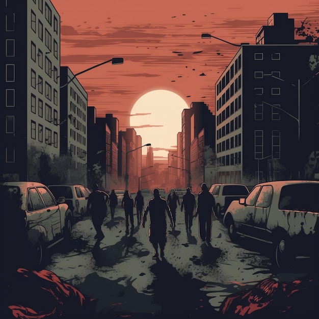 Un cartel del apocalipsis zombi muestra a un grupo de personas caminando en medio de una ciudad.
