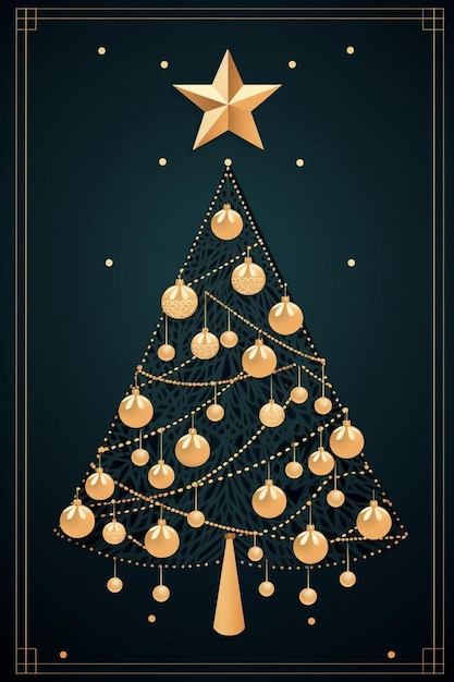 un cartel para un árbol de Navidad con adornos de oro y una estrella