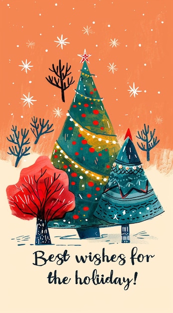 un cartel para un árbol de Navidad con un fondo rojo con un copo de nieve en él