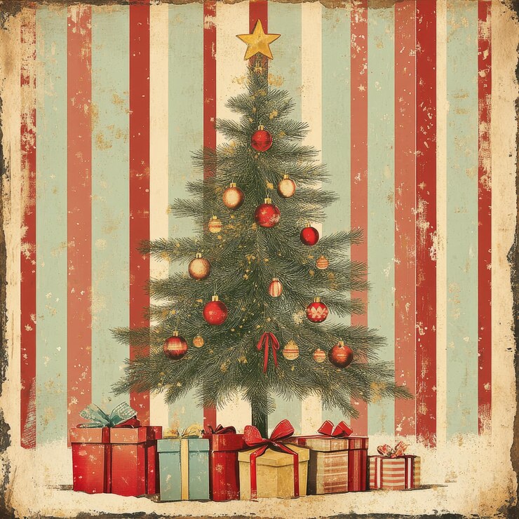 Foto un cartel con un árbol de navidad y regalos en él