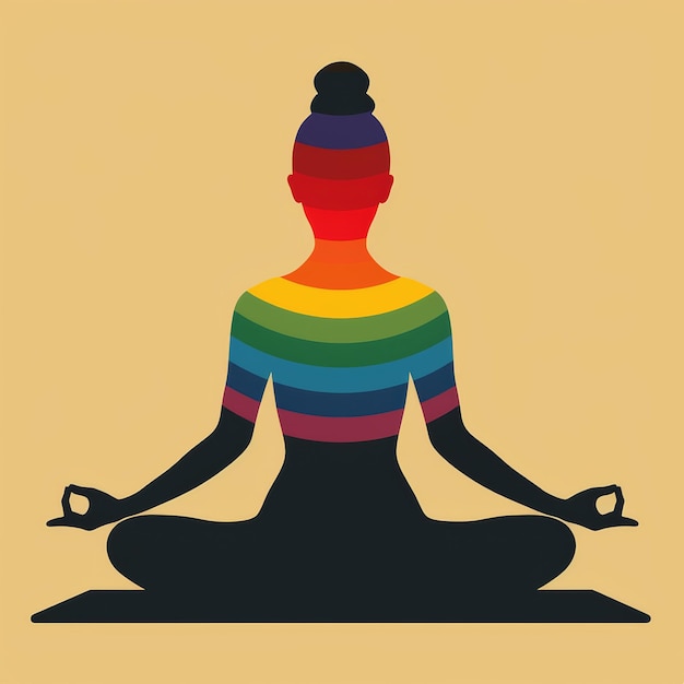 un cartel con un arco iris coloreado en la postura de yoga